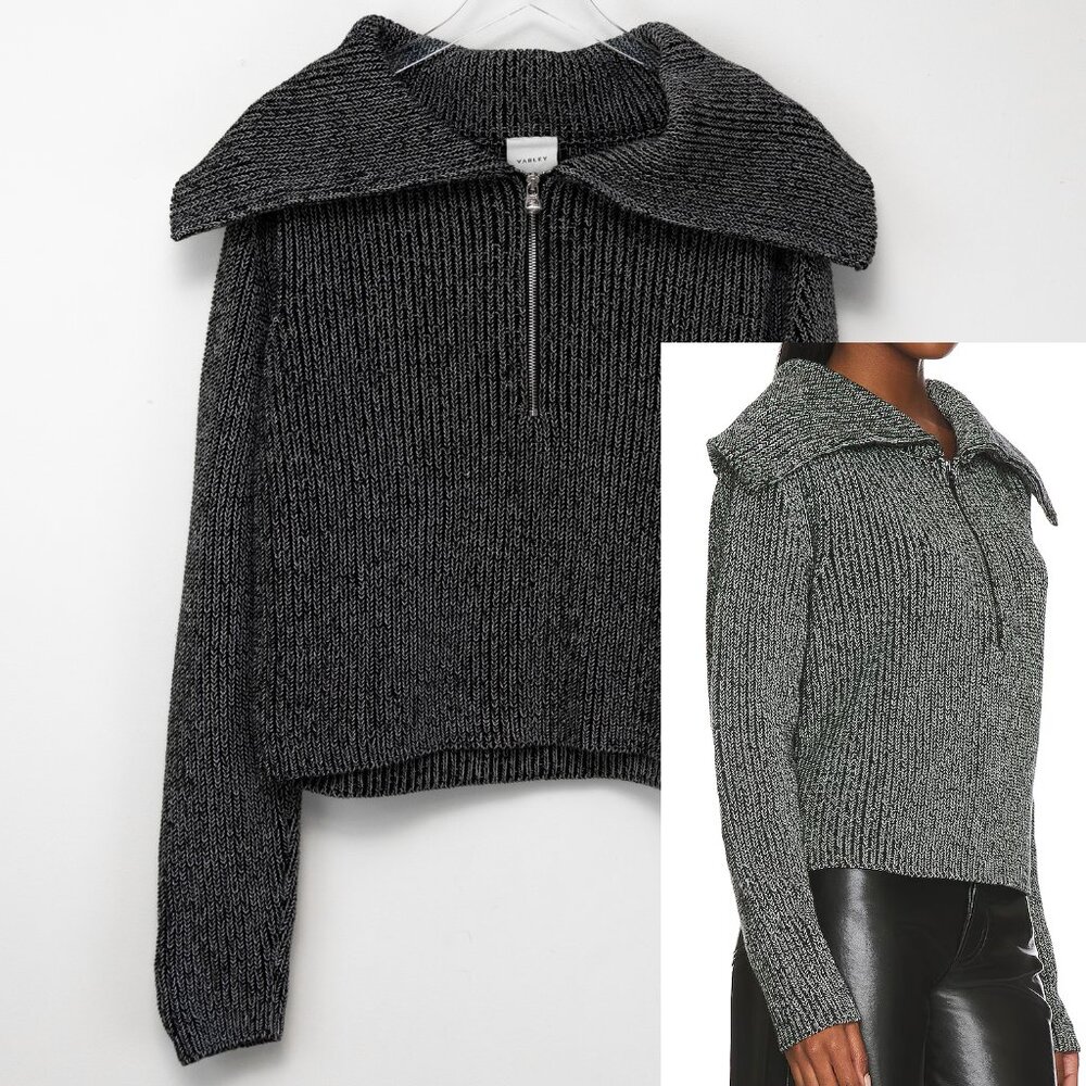 Varley Elise Half Zip Sweater 100% Cotton Ribbed Knit Collar Black Size Large